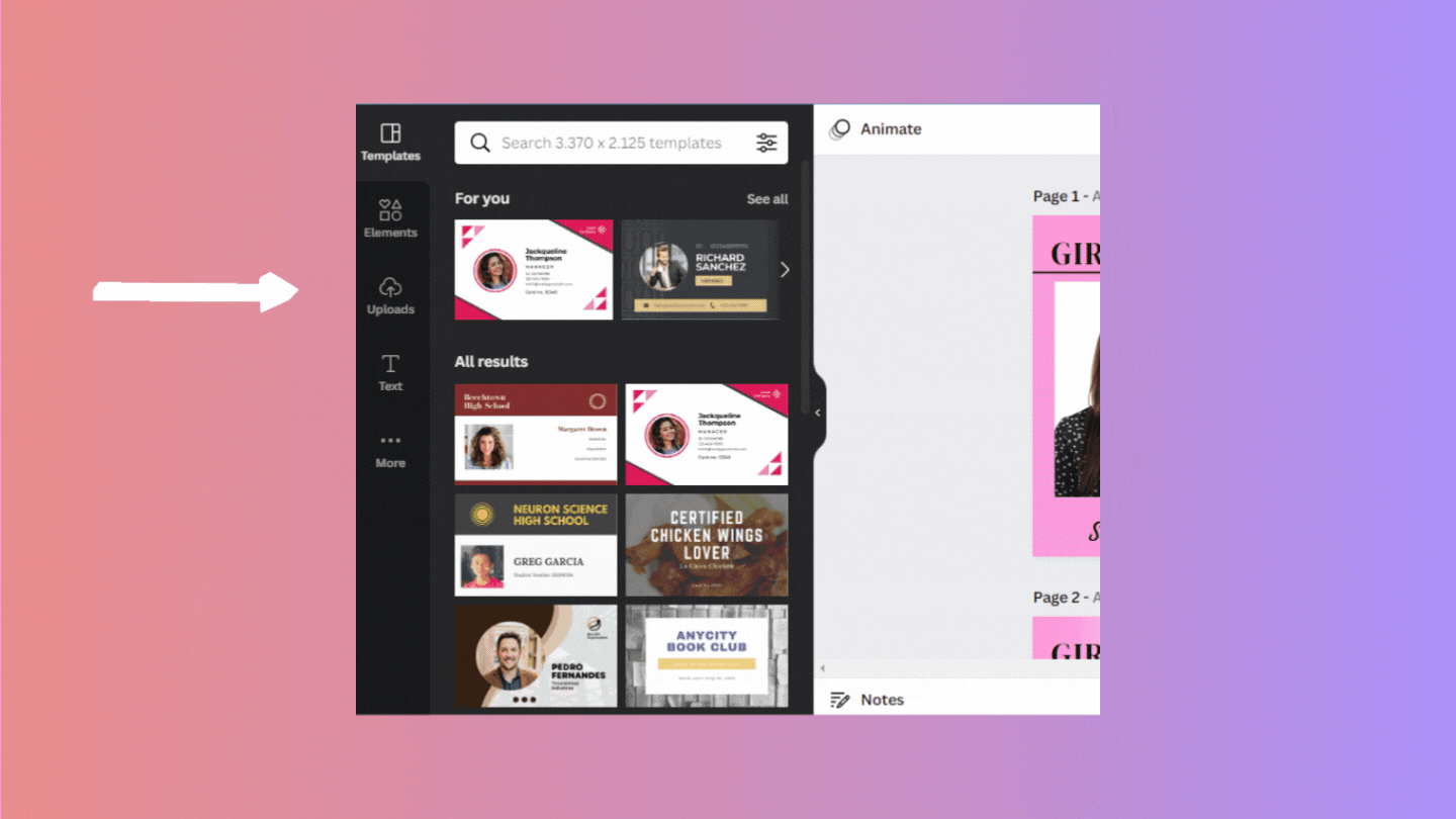 Find upload on the side menu of Canva