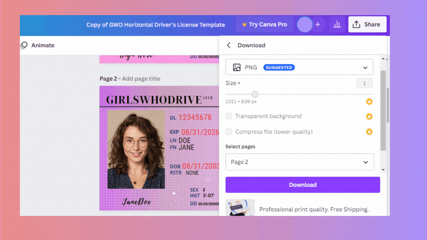 be sure that the selected page matches the number of the page you were working on in the driver's license template